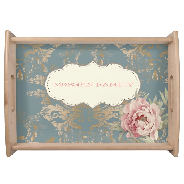 Chic Elegant Gold Damask Roses  Serving Tray (Front)