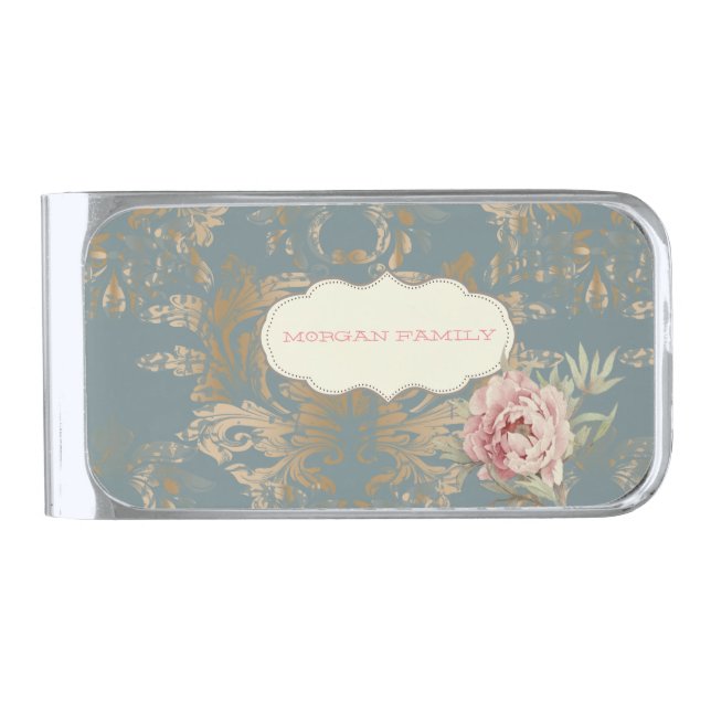 Chic Elegant Gold Damask Roses  Silver Finish Money Clip (Front)