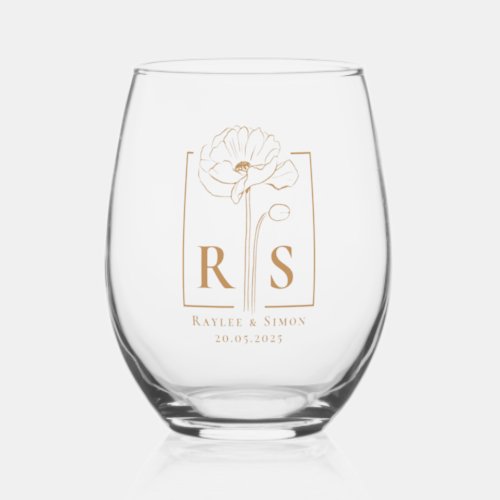 Chic Elegant Gold Floral Monogrammed Initial Stemless Wine Glass