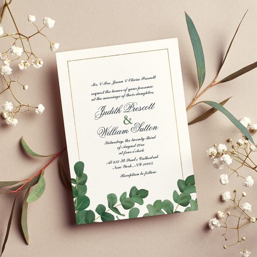 Chic elegant gold green eucalyptus foliage wedding invitation