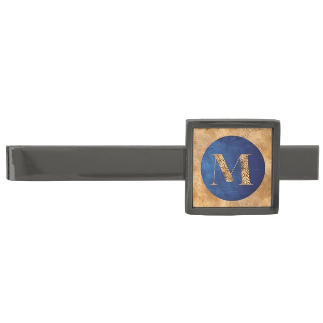  Chic Elegant Gold Navy Blue Personalized Monogram Gunmetal Finish Tie Bar (Front)