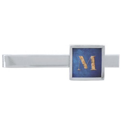  Chic Elegant Gold Navy Blue Personalized Monogram Silver Finish Tie Bar
