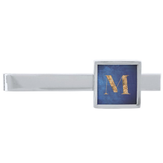  Chic Elegant Gold Navy Blue Personalized Monogram Silver Finish Tie Bar (Front)