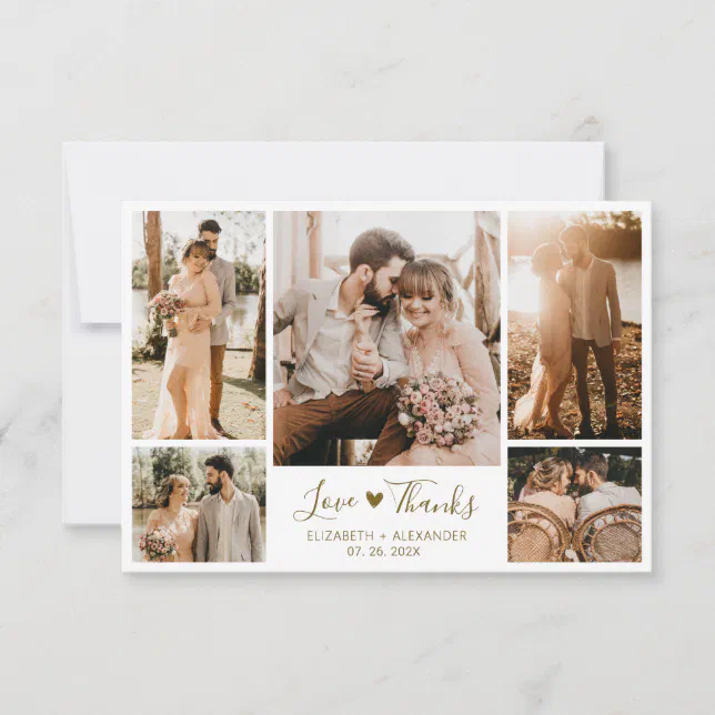 Chic Elegant Gold Script 5 Photo Collage Wedding Thank You Card | Zazzle