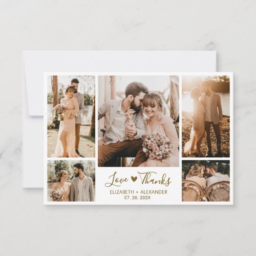 Chic Elegant Gold Script 5 Photo Collage Wedding  Thank You Card