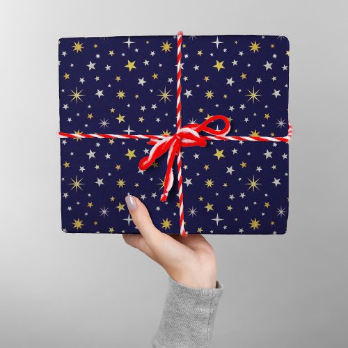 Chic Elegant Gold Silver Stars Navy Blue Christmas Wrapping Paper