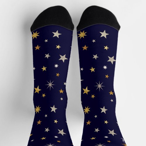  Chic Elegant Gold Silver Stars Navy Blue Monogram Socks