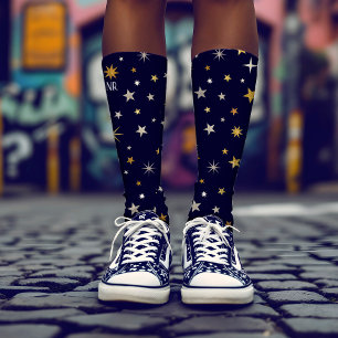 Chic Elegant Gold Silver Stars Navy Blue Monogram Socks