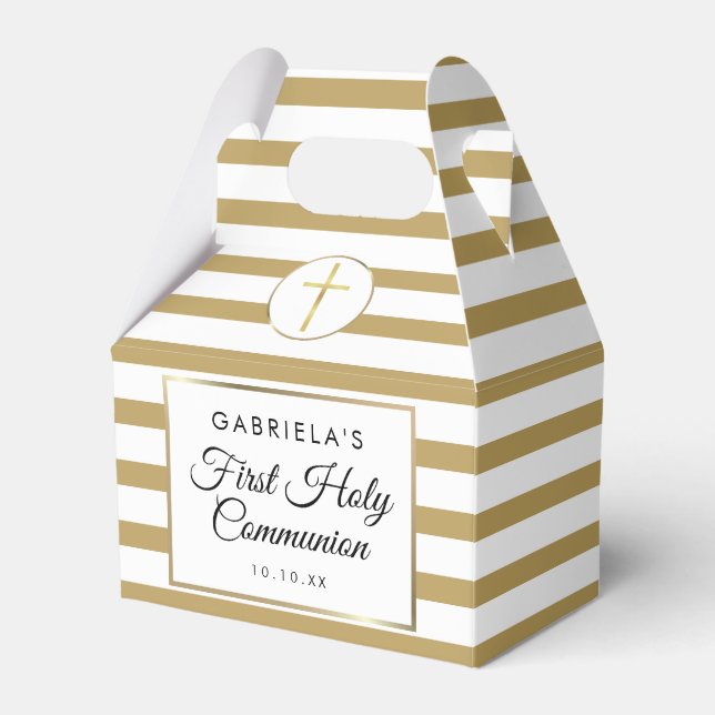 Chic Elegant Gold Stripe First Holy Communion Favor Boxes (Front Side)