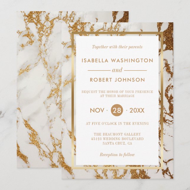 Chic Elegant Gold & White Marble Modern Wedding Invitation (Front/Back)