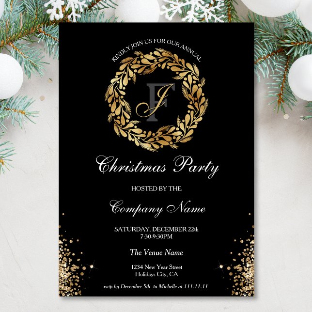 Chic Elegant Gold Wreath Corporate Christmas Party Invitation (gold glitter christmas wreath)