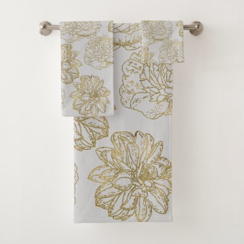 Chic Elegant Gray Gold Line Drawn Flower Pattern Bath Towel Set