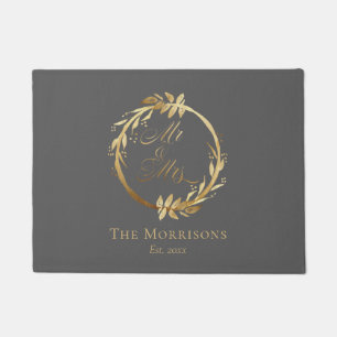 Chic Elegant Gray Gold Wreath Newlyweds Mr & Mrs Doormat