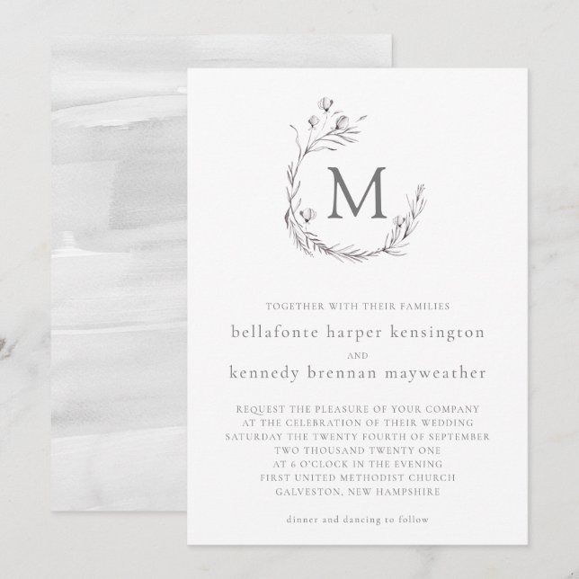 Chic Elegant Gray White Watercolor Floral Wedding Invitation (Front/Back)