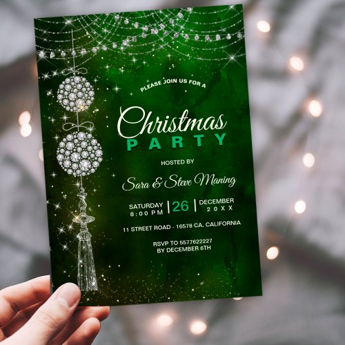 Chic elegant green ornaments Christmas Invitation