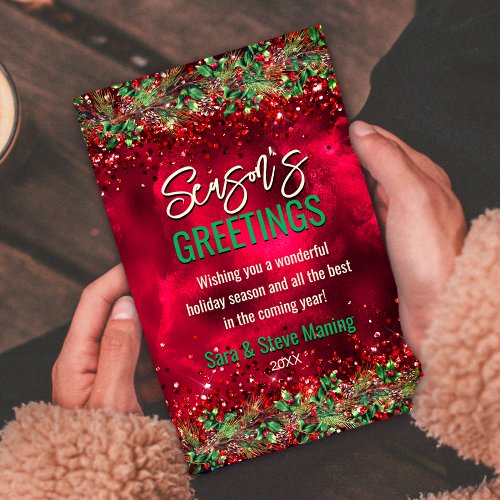 Chic elegant green red floral Christmas party Holiday Card