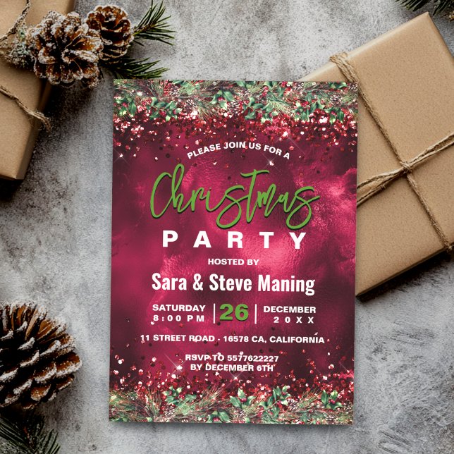Chic elegant green red floral Christmas party Invitation (Creator Uploaded)