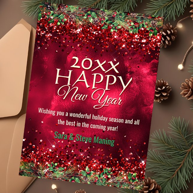 Chic elegant green red floral Happy New Year Holiday Card (Creator Uploaded)