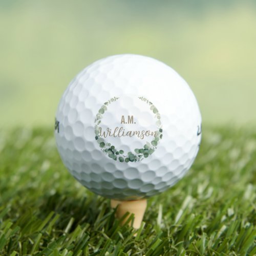 Chic Elegant Greenery Wreath Initial Name Golf Balls