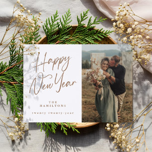 Chic Elegant Happy New Year Script Newlyweds Photo Letterpress Photo Cards