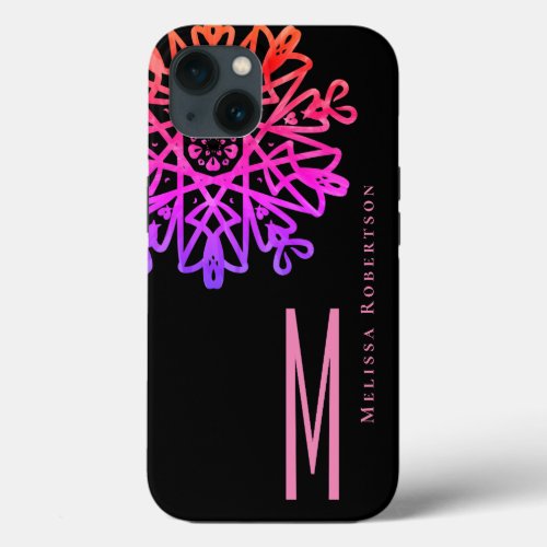 Chic Elegant Holography Pink Ornate Monogrammed iPhone 13 Case