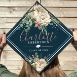 Chic Elegant Ivory & Blush Floral Graduate Graduation Cap Topper<br><div class="desc">Show off your style and strong personality with a custom graduation cap topper featuring a pretty navy blue background,  ivory and blush florals with eucalyptus greenery,  faux silver glitter,  a white graduation cap,  handwritten calligraphy script name,  and class year.</div>
