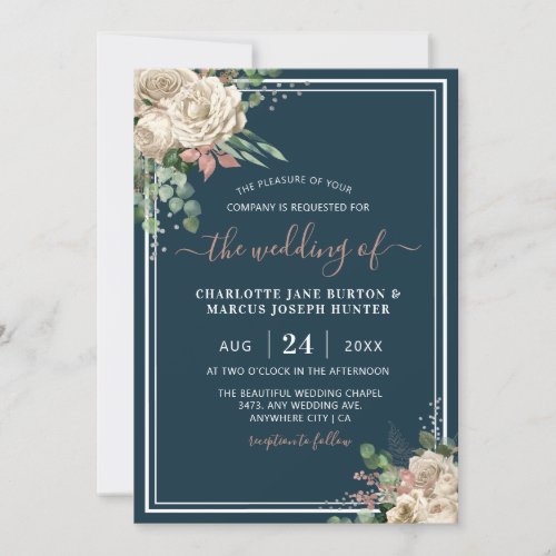 Chic Elegant Ivory  Blush Floral Navy Wedding Invitation