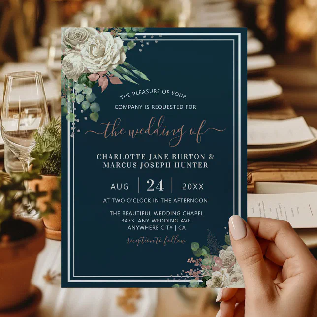 Chic Elegant Ivory & Blush Floral Navy Wedding Invitation | Zazzle