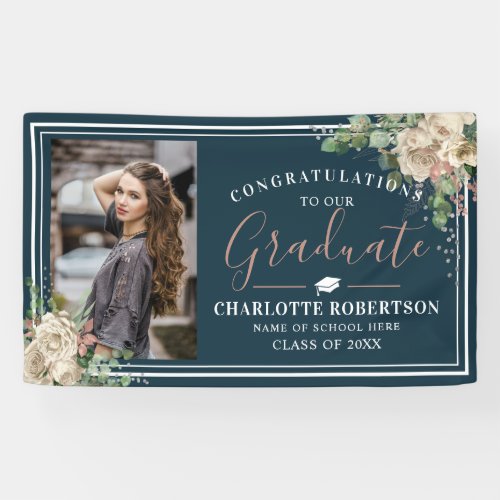 Chic Elegant Ivory  Blush Floral Photo Graduation Banner