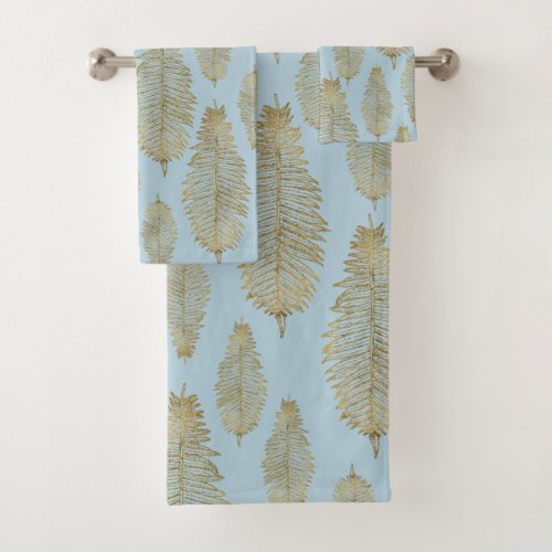 Chic Elegant Light Blue Gold Fern Leaf Pattern Bath Towel Set