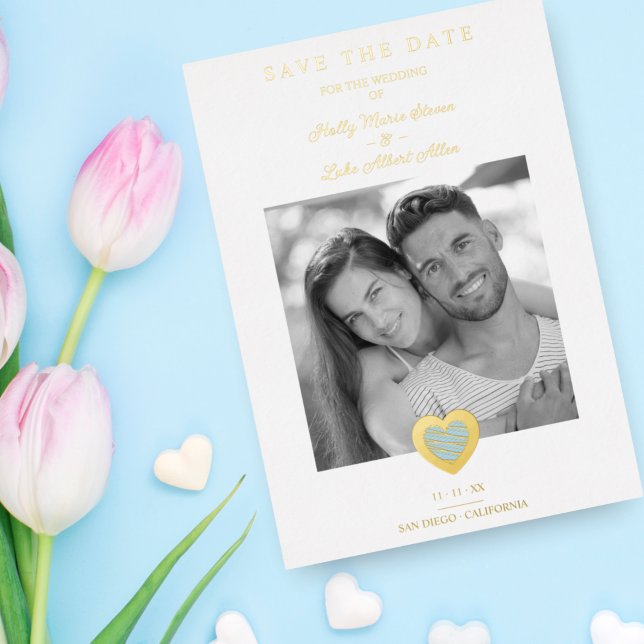 Chic Elegant Light Blue & Gold Heart Photo Couple Foil Invitation (Creator Uploaded)
