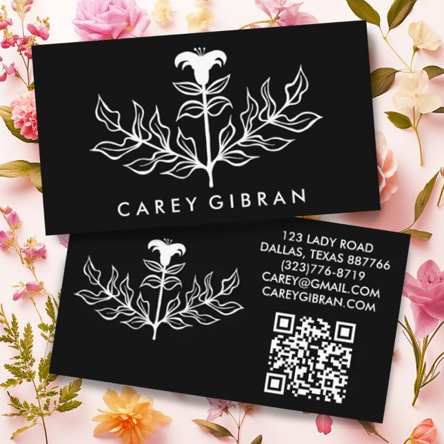 Chic Elegant Lily Line Drawing CUSTOM QR Code Business Card (Creator Uploaded)
