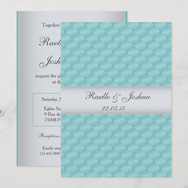 Chic elegant luxurious quilted teal silver Wedding Invitation (Front/Back)