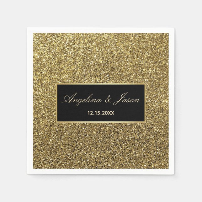 Chic Elegant Luxury Black and Gold Glitter Wedding Napkins (Front)