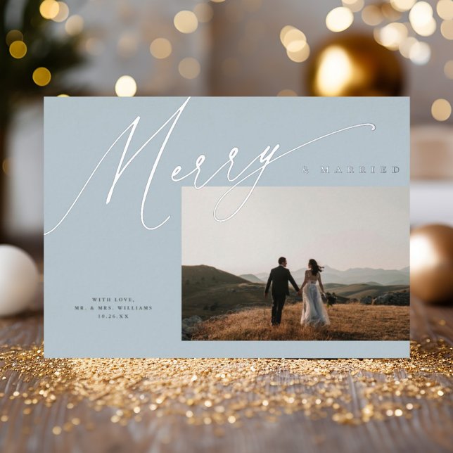 Chic Elegant Merry & Married One Photo Dusty Blue Foil Holiday Card (Creator Uploaded)
