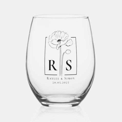 Chic Elegant Minimal Floral Monogrammed Initial Stemless Wine Glass