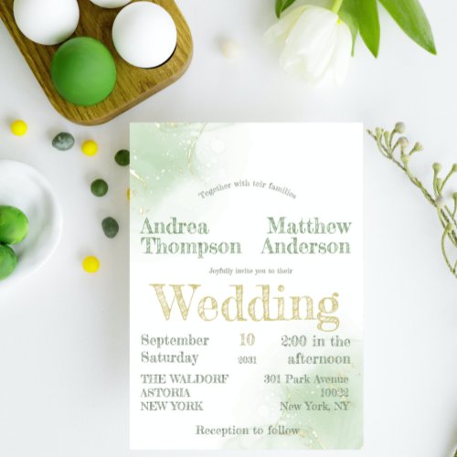 Chic Elegant Minimalistic Greenery with Golg Foil Invitation