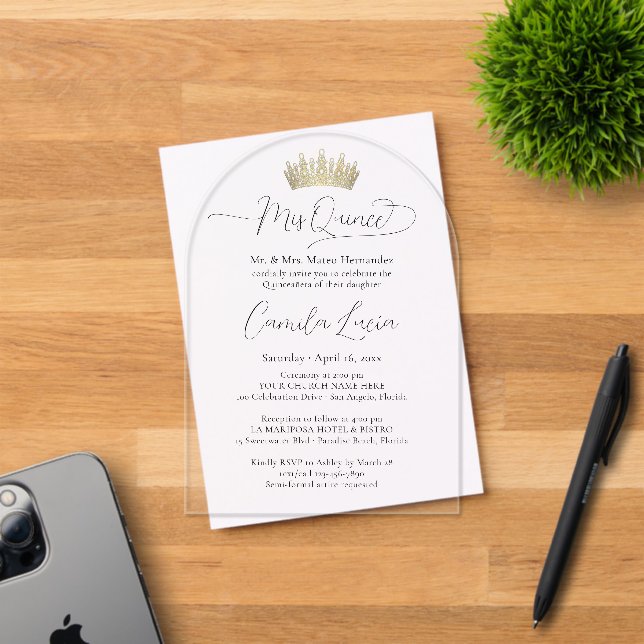 Chic Elegant Mis Quince Script & Quinceañera Crown Acrylic Invitations (Insitu (Invitation Card))