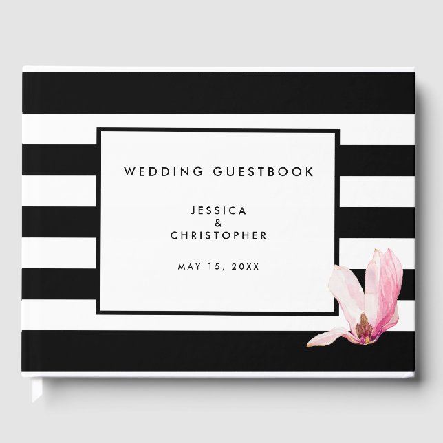 Chic Elegant Modern Black White Stripe Magnolia Guest Book (Front)