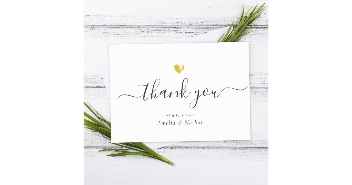 Chic Elegant Modern Script Calligraphy Gold Heart Thank You Card | Zazzle