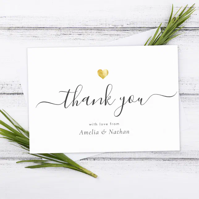 Chic Elegant Modern Script Calligraphy Gold Heart Thank You Card | Zazzle
