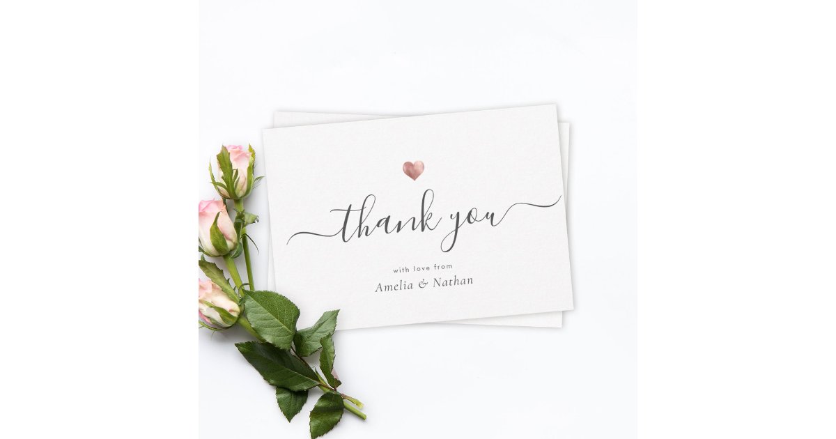 Chic Elegant Modern Script Rose Gold Heart Thank You Card | Zazzle