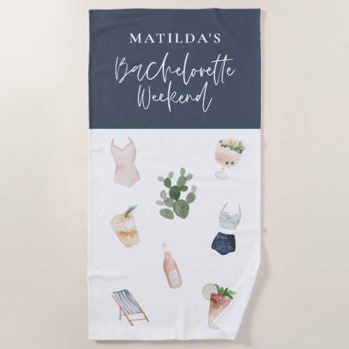 Chic elegant modern watercolor drinks bachelorette beach towel