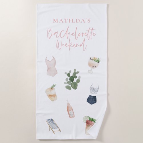 Chic elegant modern watercolor drinks bachelorette beach towel