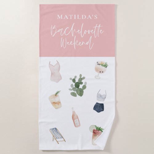 Chic elegant modern watercolor drinks bachelorette beach towel