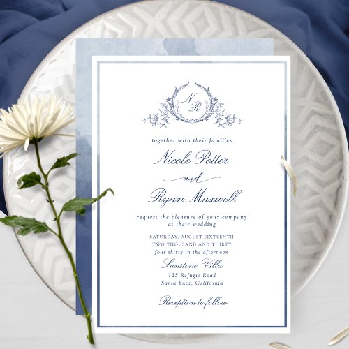 Chic Elegant Monogram Navy Blue Watercolor Wedding Invitation