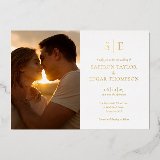Chic Elegant Monogram Photo Wedding Gold Foil Invitation (Front)