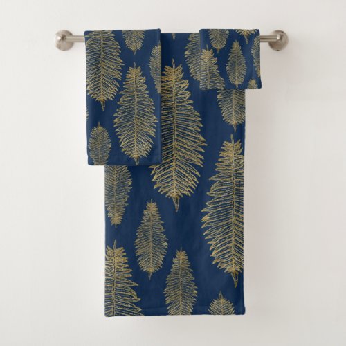 Chic Elegant Navy Blue Gold Fern Leaf Pattern Bath Towel Set