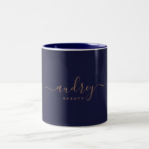 Chic Elegant Navy Blue Gold Script Two_Tone Coffee Mug