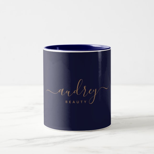 Chic Elegant Navy Blue Gold Script Two-Tone Coffee Mug (Center)